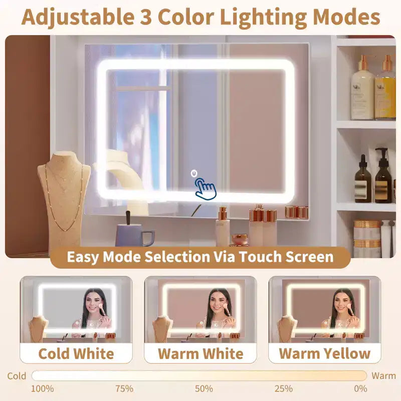 Coiffeuse d'angle, miroir LED, plateau en verre, prises et USB, 1 porte, 4 tiroirs, 7 étagères