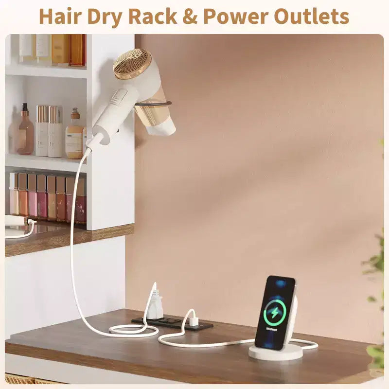 Coiffeuse d'angle, miroir LED, plateau en verre, prises et USB, 1 porte, 4 tiroirs, 7 étagères