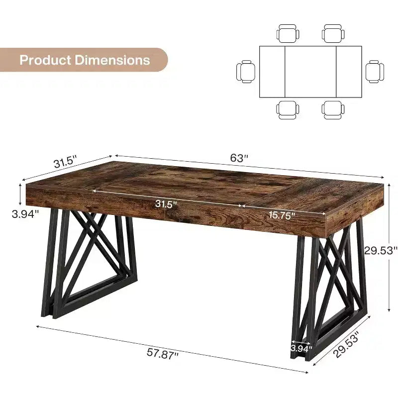 Table à manger 160 cm pour 4-6 personnes, Table de cuisine avec pieds en métal robustes, Meuble de salle à manger rectangulaire pour salon, Marron rustique et Noir