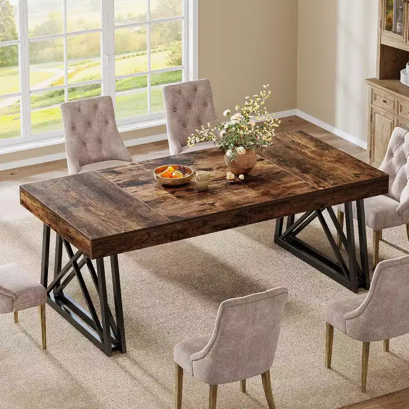 Table à manger 160 cm pour 4-6 personnes, Table de cuisine avec pieds en métal robustes, Meuble de salle à manger rectangulaire pour salon, Marron rustique et Noir