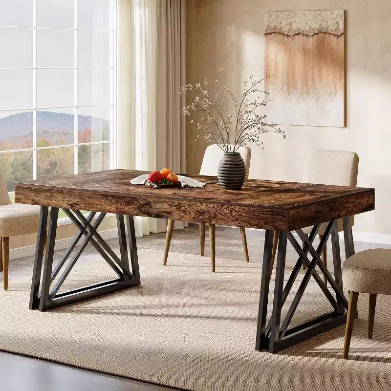 Table à manger 160 cm pour 4-6 personnes, Table de cuisine avec pieds en métal robustes, Meuble de salle à manger rectangulaire pour salon, Marron rustique et Noir