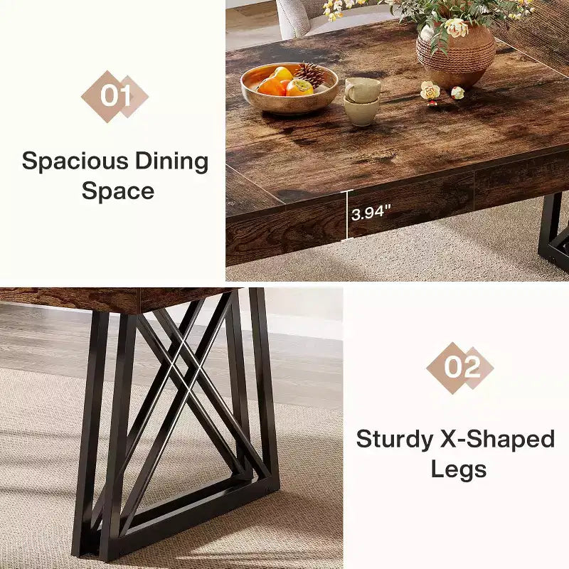 Table à manger 160 cm pour 4-6 personnes, Table de cuisine avec pieds en métal robustes, Meuble de salle à manger rectangulaire pour salon, Marron rustique et Noir
