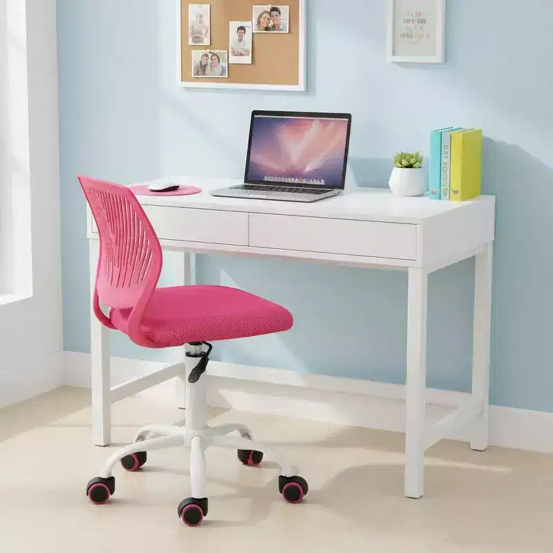 FurnitureR Study Desk Chair Armless Cute, Ergonomic Small Swivel Adjustable Rolling Lightweight Task Chair with Wheels, Hot Pink