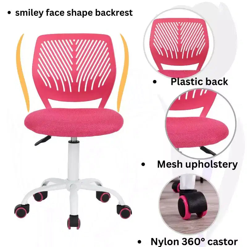 Chaise de bureau sans accoudoirs mignonne, ergonomique, petite, pivotante, réglable, légère avec roulettes, rose vif