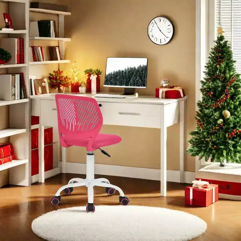 Chaise de bureau sans accoudoirs mignonne, ergonomique, petite, pivotante, réglable, légère avec roulettes, rose vif