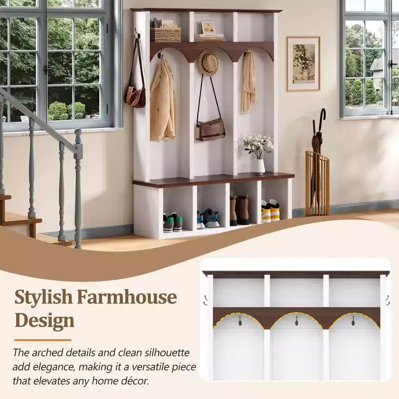 Okak Farmhouse Hall Tree with Arched Design, Freestanding Coat Rack with Storage Bench and 5 Hooks, Coat Tree for Living Room, Bedroom, White