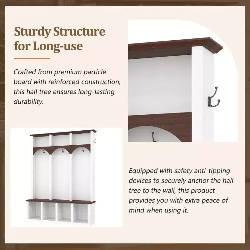 Okak Farmhouse Hall Tree with Arched Design, Freestanding Coat Rack with Storage Bench and 5 Hooks, Coat Tree for Living Room, Bedroom, White