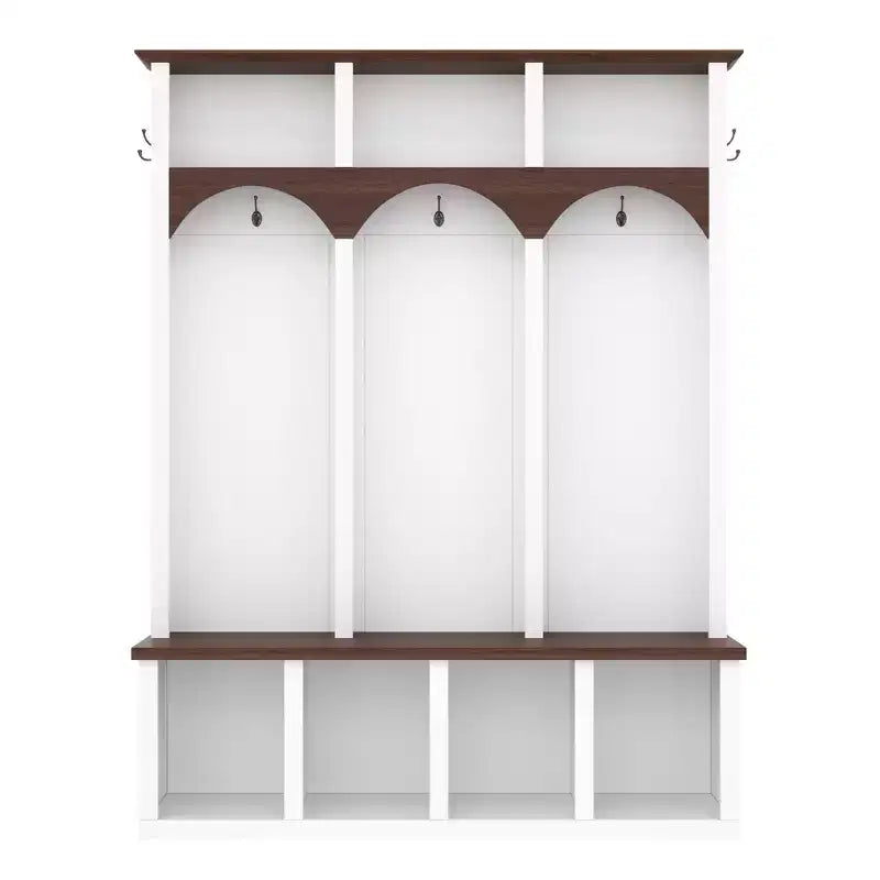 Okak Farmhouse Hall Tree with Arched Design, Freestanding Coat Rack with Storage Bench and 5 Hooks, Coat Tree for Living Room, Bedroom, White
