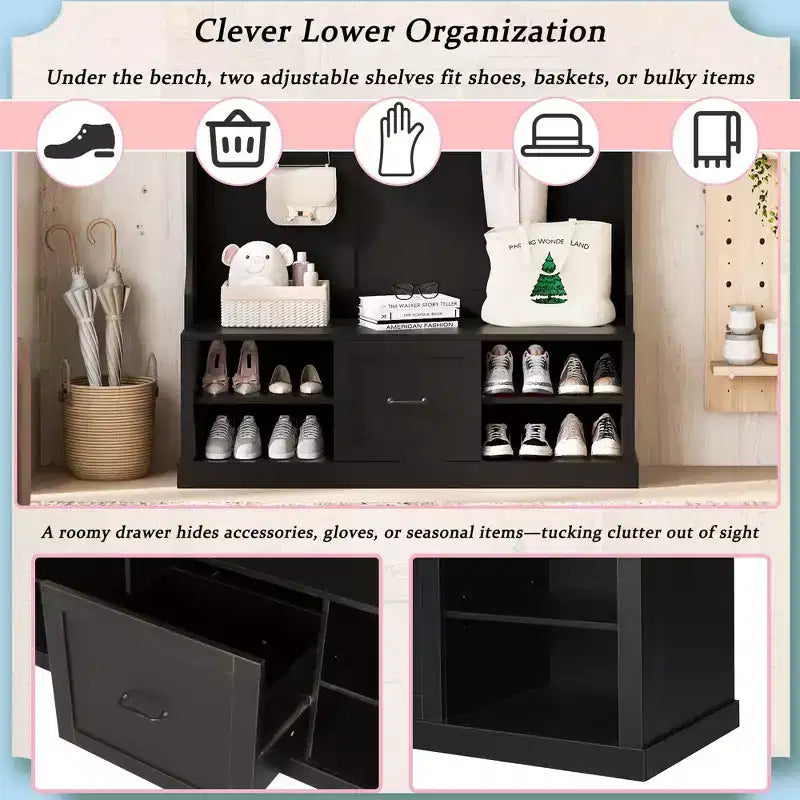 Okak Modern Hall Tree with 6 Hooks, Coat Rack with Bench and Spacious Drawer, Entryway Storage for Entrance, Living Room, Black