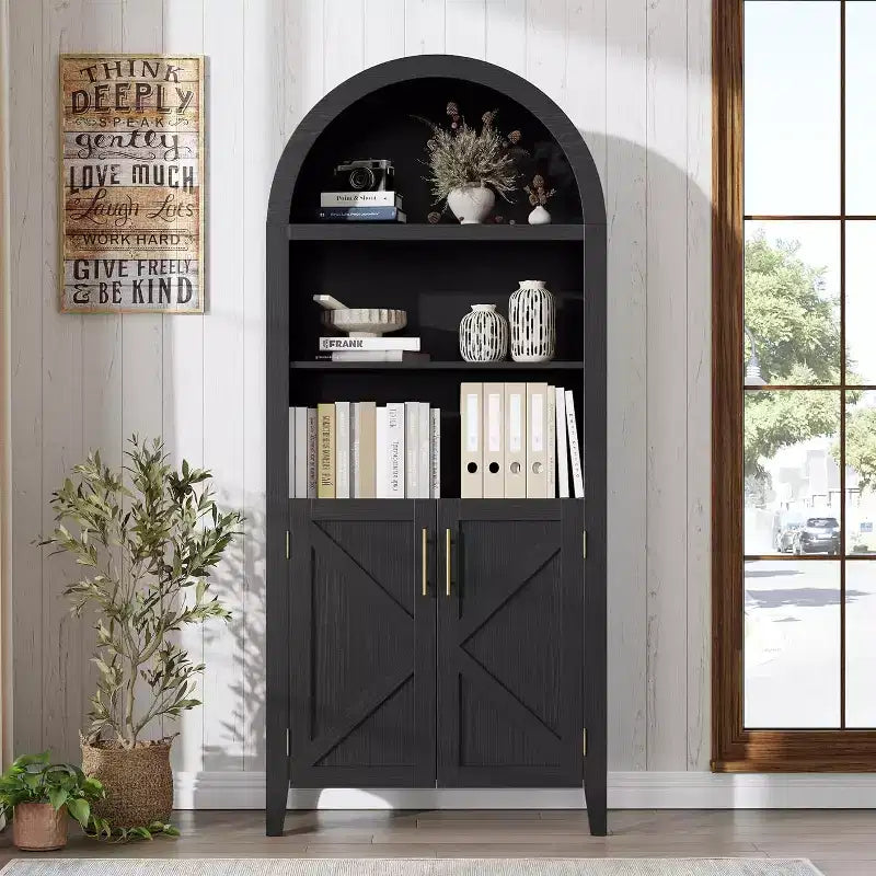 63'' Arched Bookcase with Adjustable Shelf, 5 Tier Farmhouse Pantry Bathroom Storage Cabinet with 2 Cross Doors, for Living Room, Bedroom, Kitchen