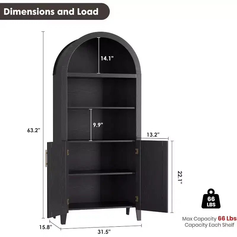 63'' Arched Bookcase with Adjustable Shelf, 5 Tier Farmhouse Pantry Bathroom Storage Cabinet with 2 Cross Doors, for Living Room, Bedroom, Kitchen