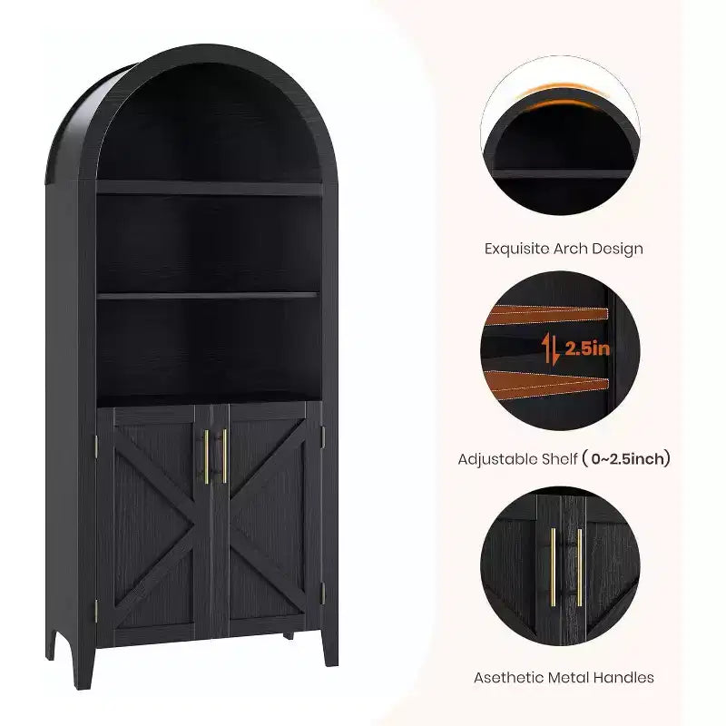 63'' Arched Bookcase with Adjustable Shelf, 5 Tier Farmhouse Pantry Bathroom Storage Cabinet with 2 Cross Doors, for Living Room, Bedroom, Kitchen