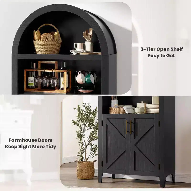 63'' Arched Bookcase with Adjustable Shelf, 5 Tier Farmhouse Pantry Bathroom Storage Cabinet with 2 Cross Doors, for Living Room, Bedroom, Kitchen