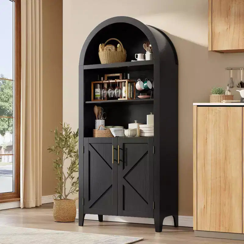 63'' Arched Bookcase with Adjustable Shelf, 5 Tier Farmhouse Pantry Bathroom Storage Cabinet with 2 Cross Doors, for Living Room, Bedroom, Kitchen