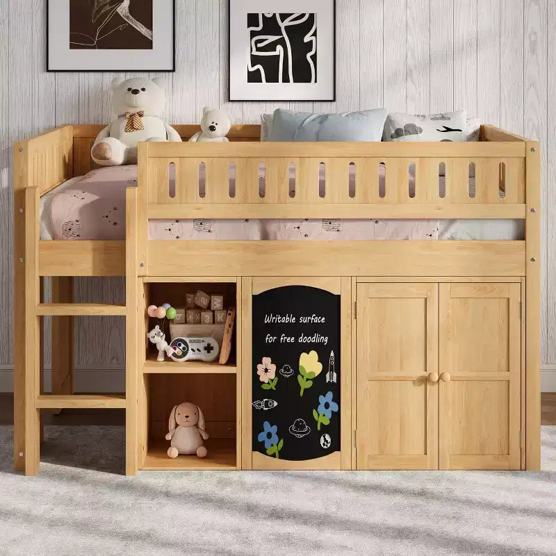 Full Size Loft Bed with Storage Cabinet & Chalkboard Panel, Kids/Teens Bedroom Bed Frame - ModernLuxe
