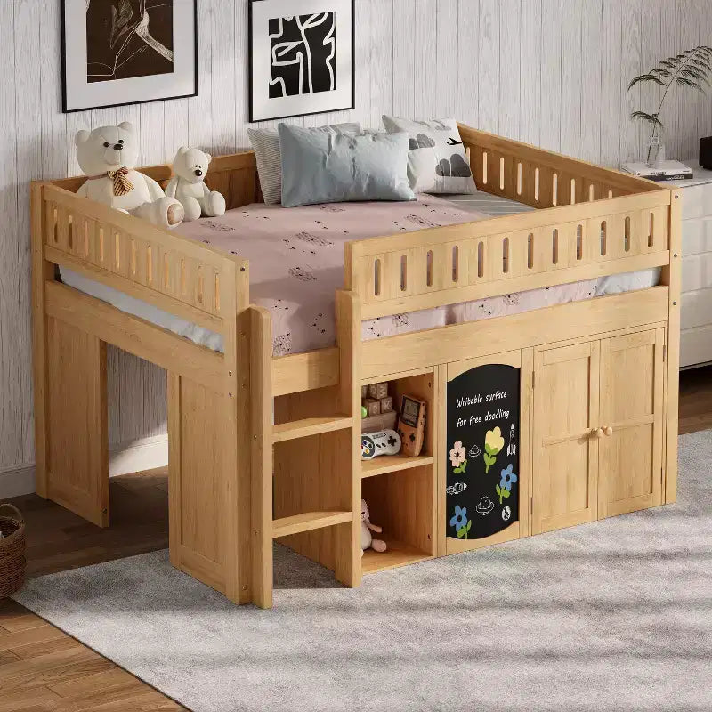 Full Size Loft Bed with Storage Cabinet & Chalkboard Panel, Kids/Teens Bedroom Bed Frame - ModernLuxe