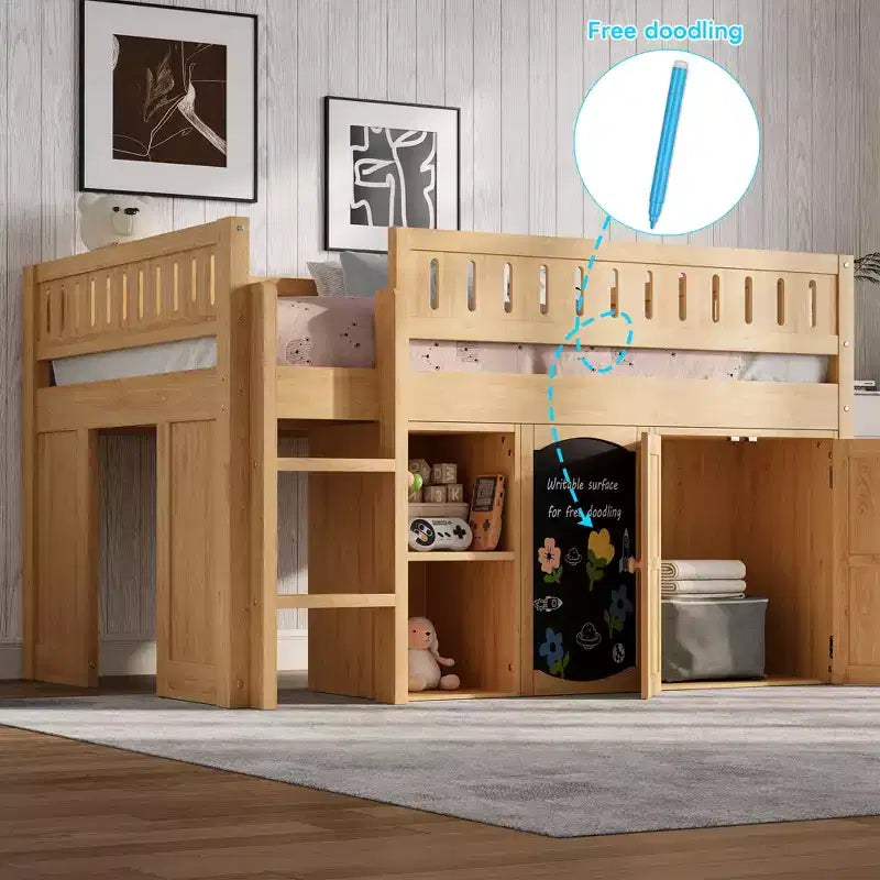 Full Size Loft Bed with Storage Cabinet & Chalkboard Panel, Kids/Teens Bedroom Bed Frame - ModernLuxe
