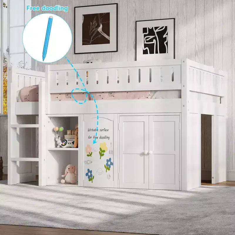 Full Size Loft Bed with Storage Cabinet & Chalkboard Panel, Kids/Teens Bedroom Bed Frame - ModernLuxe