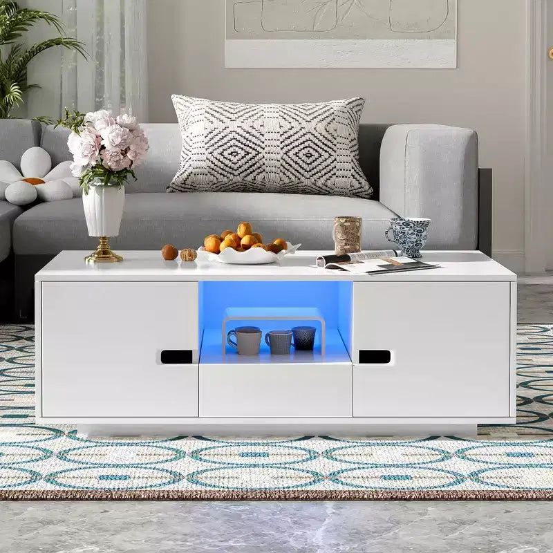 Modern Coffee Table with LED Lights, Rectangle Stylish Center Table with Storage Space, High Glossy Coffee Table for Living Room, Black