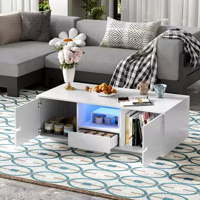 Modern Coffee Table with LED Lights, Rectangle Stylish Center Table with Storage Space, High Glossy Coffee Table for Living Room, Black