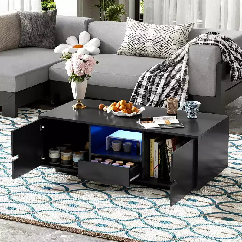 Modern Coffee Table with LED Lights, Rectangle Stylish Center Table with Storage Space, High Glossy Coffee Table for Living Room, Black