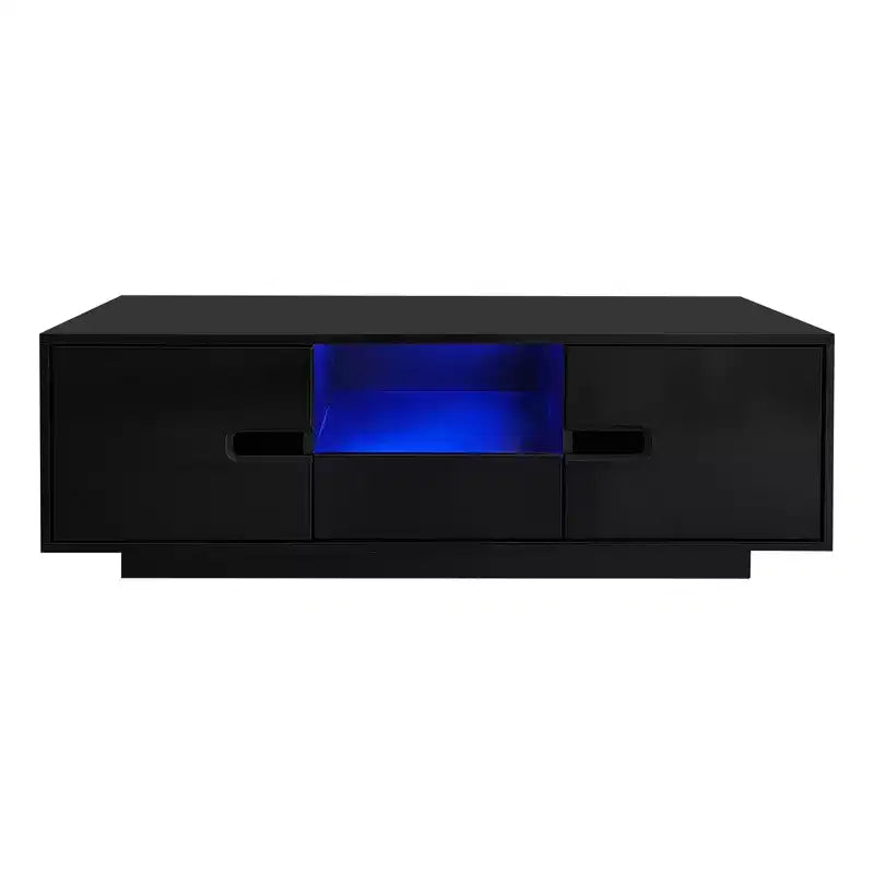 Modern Coffee Table with LED Lights, Rectangle Stylish Center Table with Storage Space, High Glossy Coffee Table for Living Room, Black