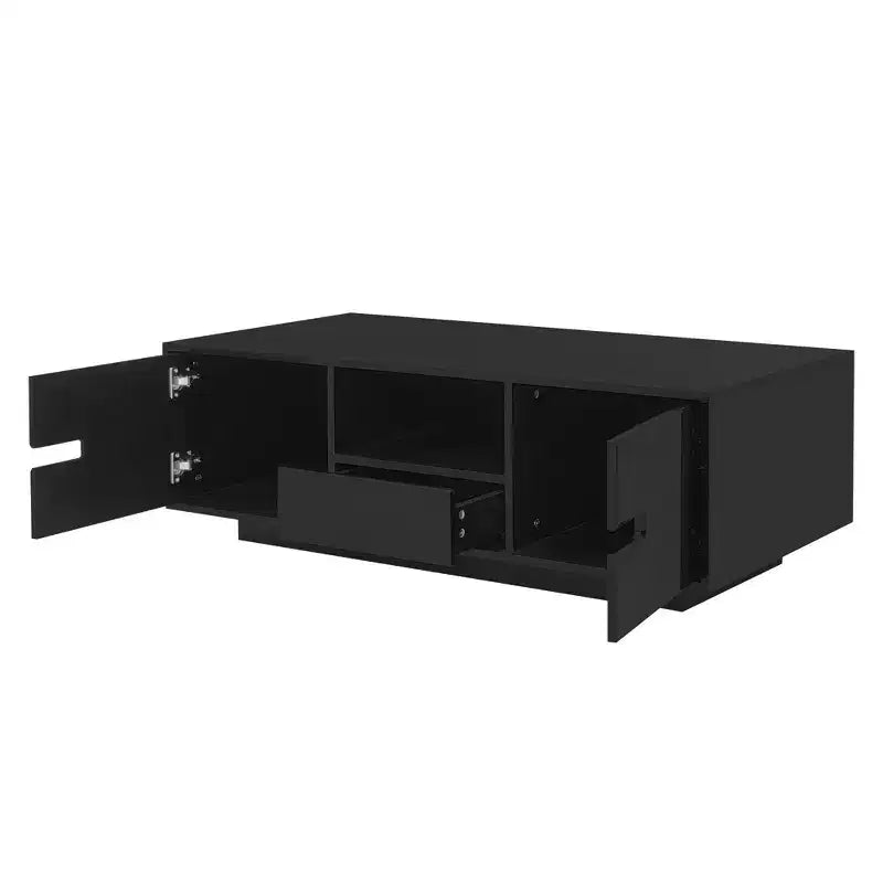 Modern Coffee Table with LED Lights, Rectangle Stylish Center Table with Storage Space, High Glossy Coffee Table for Living Room, Black