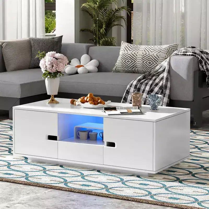 Modern Coffee Table with LED Lights, Rectangle Stylish Center Table with Storage Space, High Glossy Coffee Table for Living Room, Black