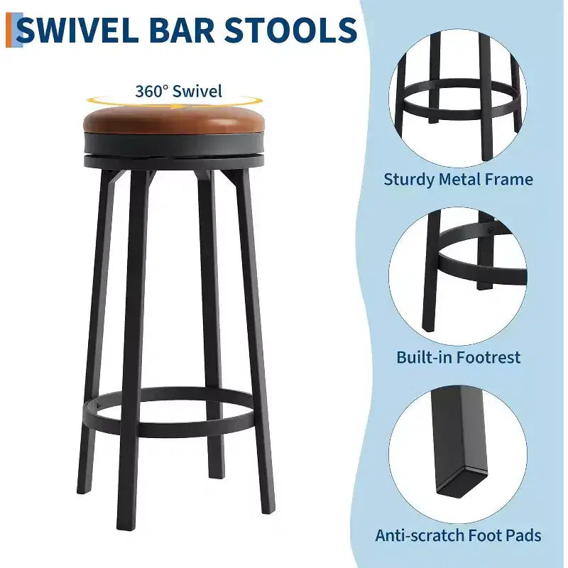 30'' Swivel Bar Stools Set of 2 with Footrest, Backless Round Bar Stools with PU Leather Upholstered and Metal Frame, for Kitchen Island