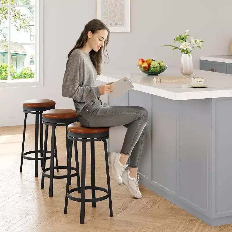 30'' Swivel Bar Stools Set of 2 with Footrest, Backless Round Bar Stools with PU Leather Upholstered and Metal Frame, for Kitchen Island
