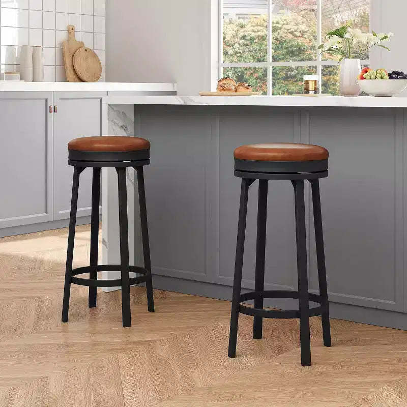 30'' Swivel Bar Stools Set of 2 with Footrest, Backless Round Bar Stools with PU Leather Upholstered and Metal Frame, for Kitchen Island