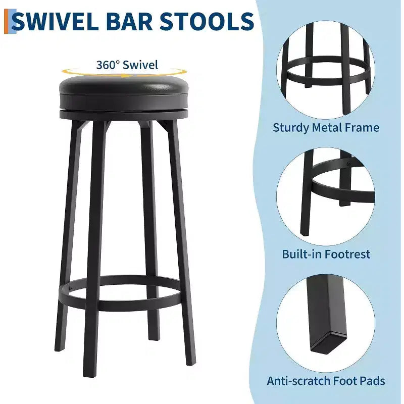 30'' Swivel Bar Stools Set of 2 with Footrest, Backless Round Bar Stools with PU Leather Upholstered and Metal Frame, for Kitchen Island