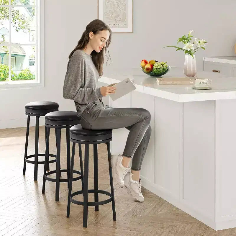 30'' Swivel Bar Stools Set of 2 with Footrest, Backless Round Bar Stools with PU Leather Upholstered and Metal Frame, for Kitchen Island