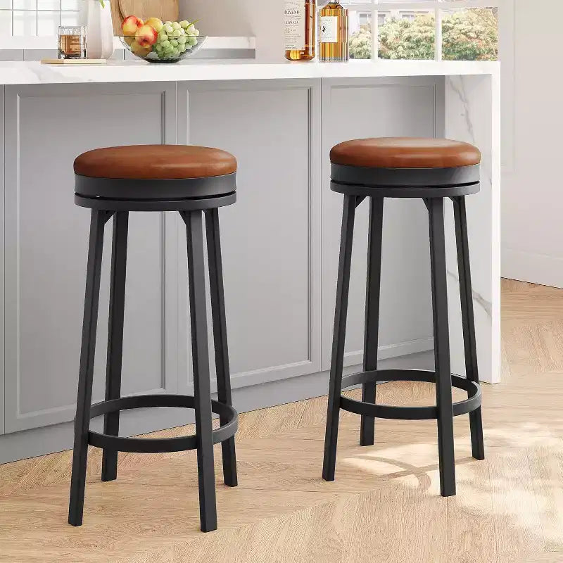 30'' Swivel Bar Stools Set of 2 with Footrest, Backless Round Bar Stools with PU Leather Upholstered and Metal Frame, for Kitchen Island
