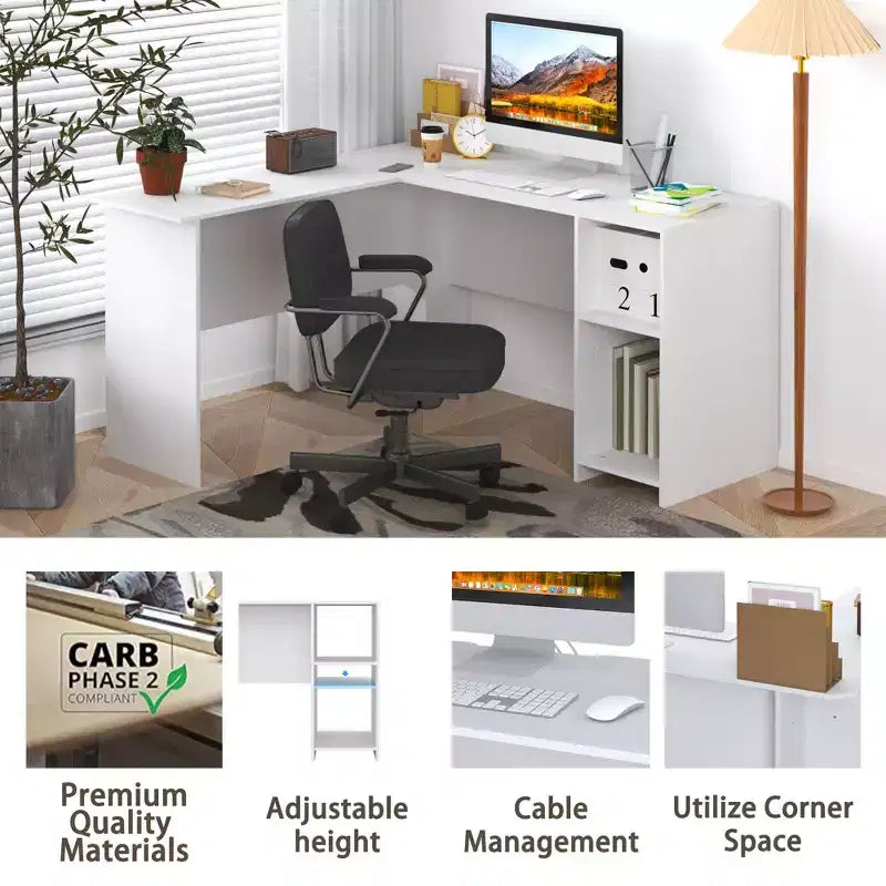 HOMLUX L Shaped Computer Desk 53 Corner Study Writing Desk w/Open Compartment & 2 Cable Management Holes
