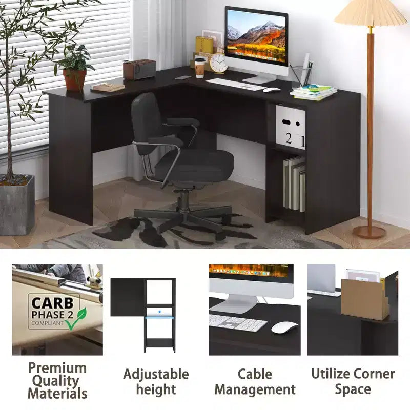 HOMLUX L Shaped Computer Desk 53 Corner Study Writing Desk w/Open Compartment & 2 Cable Management Holes