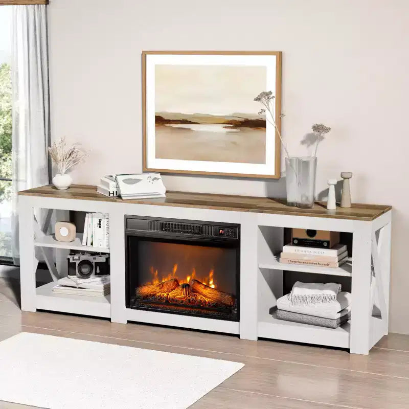 Farmhouse 70'' TV Stand For Tvs Up To 70'' With 23'' Electric Fireplace and Adjustable Shelves