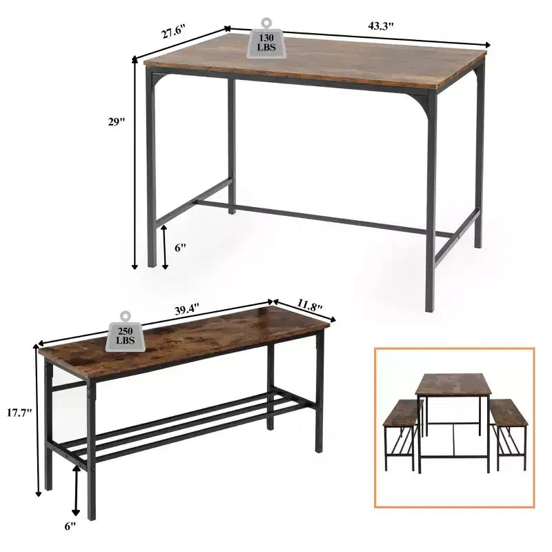 Homy Casa 3-Piece Small Space Dining Table Set with Metal Frame, Engineered Wood Top, Brown