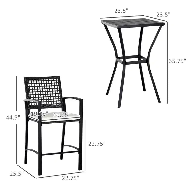 3pcs Patio Bar Set with Soft Cushion, Rattan Wicker Outdoor Furniture Set for Backyards, Lawn, Deck