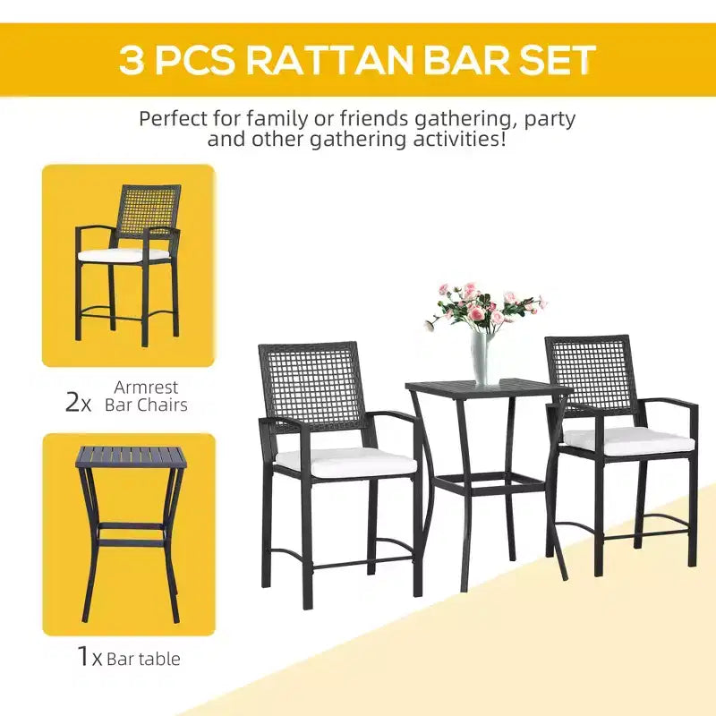 3pcs Patio Bar Set with Soft Cushion, Rattan Wicker Outdoor Furniture Set for Backyards, Lawn, Deck