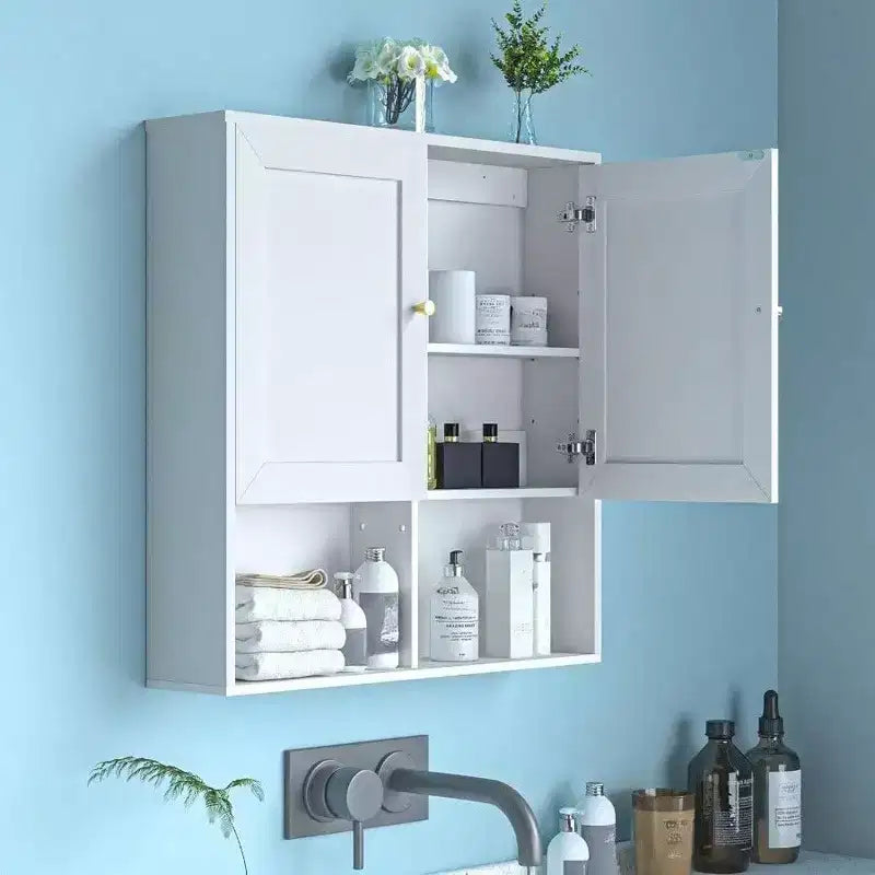 Bathroom Wall Cabinet with 2 Doors Adjustable Shelves 3 - Tier Wood Storage Over Toilet White Wall Mounted