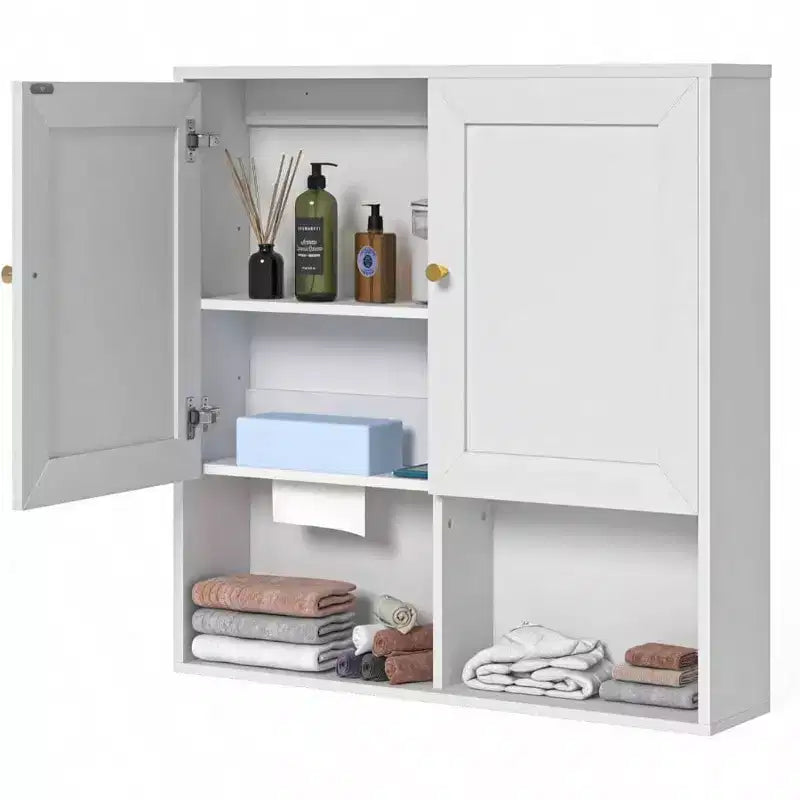 Bathroom Wall Cabinet with 2 Doors Adjustable Shelves 3 - Tier Wood Storage Over Toilet White Wall Mounted