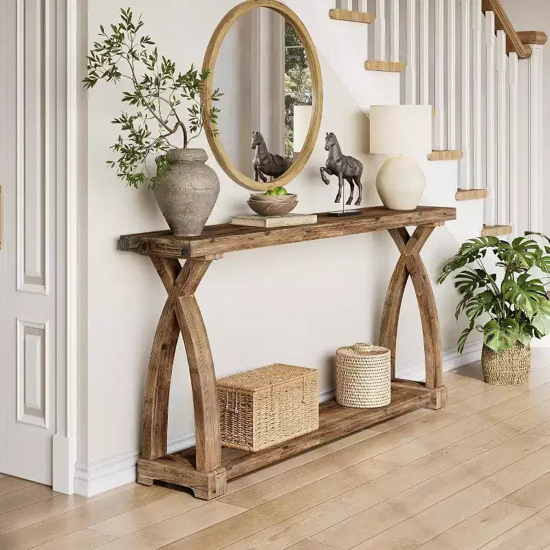 Lantine 63-Inch Narrow Solid Wood Console Table, 2-Tier Farmhouse Entryway Table Behind Sofa for Entrance, Foyer, Living Room