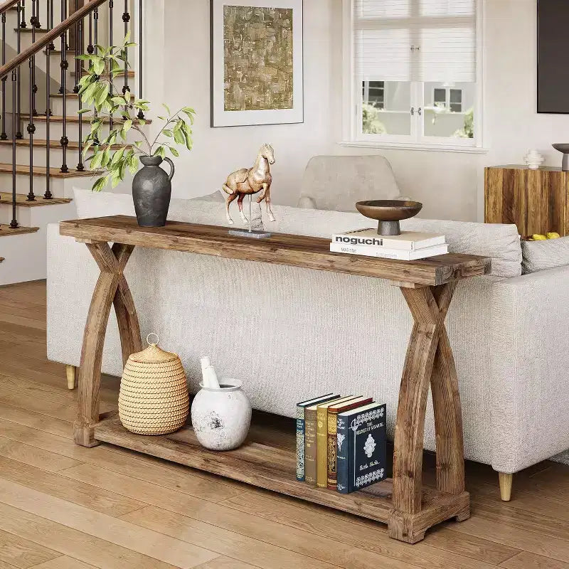 Lantine 63-Inch Narrow Solid Wood Console Table, 2-Tier Farmhouse Entryway Table Behind Sofa for Entrance, Foyer, Living Room