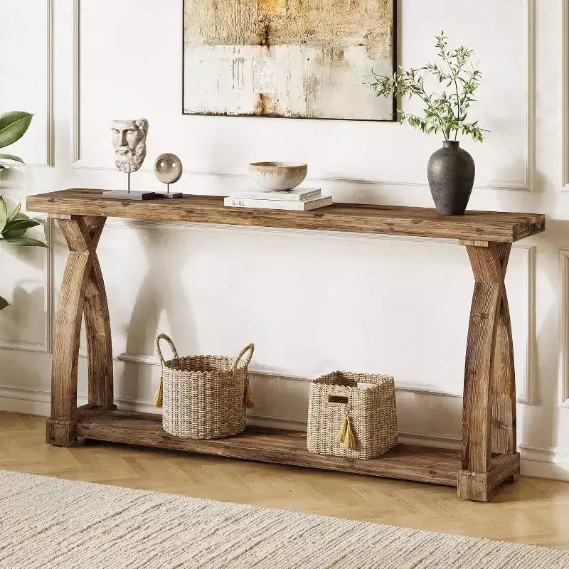 Lantine 63-Inch Narrow Solid Wood Console Table, 2-Tier Farmhouse Entryway Table Behind Sofa for Entrance, Foyer, Living Room