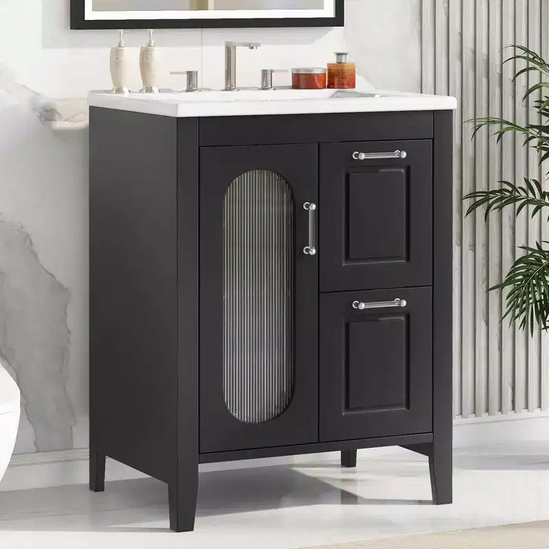 MAYEERTY 24 Bathroom Vanity with Sink 2 Drawers 1 Door Adjustable Shelf Solid Wood MDF Black