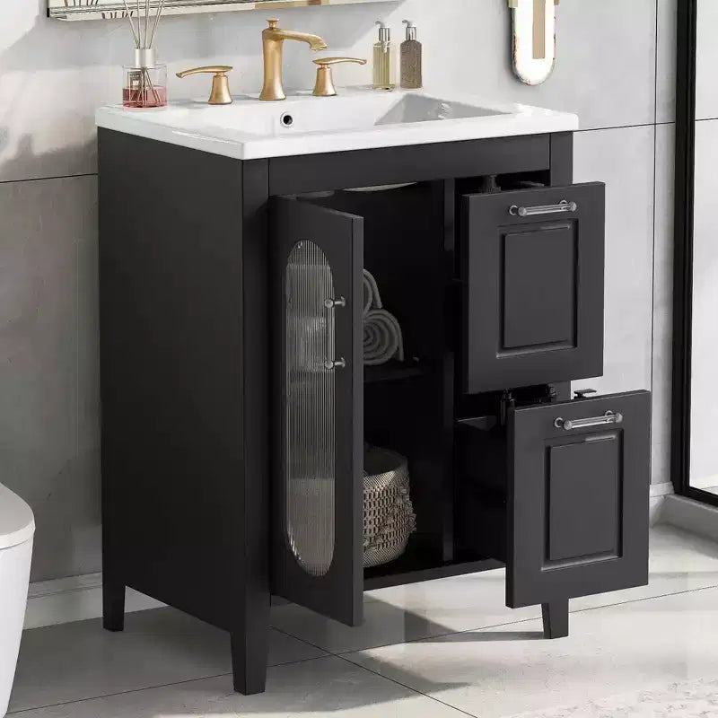 MAYEERTY 24 Bathroom Vanity with Sink 2 Drawers 1 Door Adjustable Shelf Solid Wood MDF Black