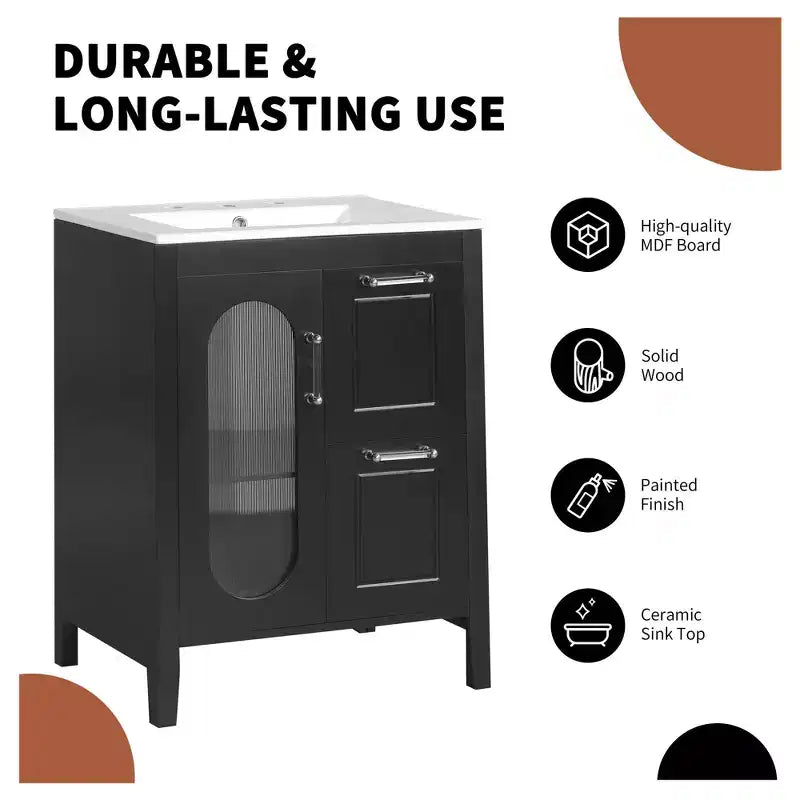 MAYEERTY 24 Bathroom Vanity with Sink 2 Drawers 1 Door Adjustable Shelf Solid Wood MDF Black