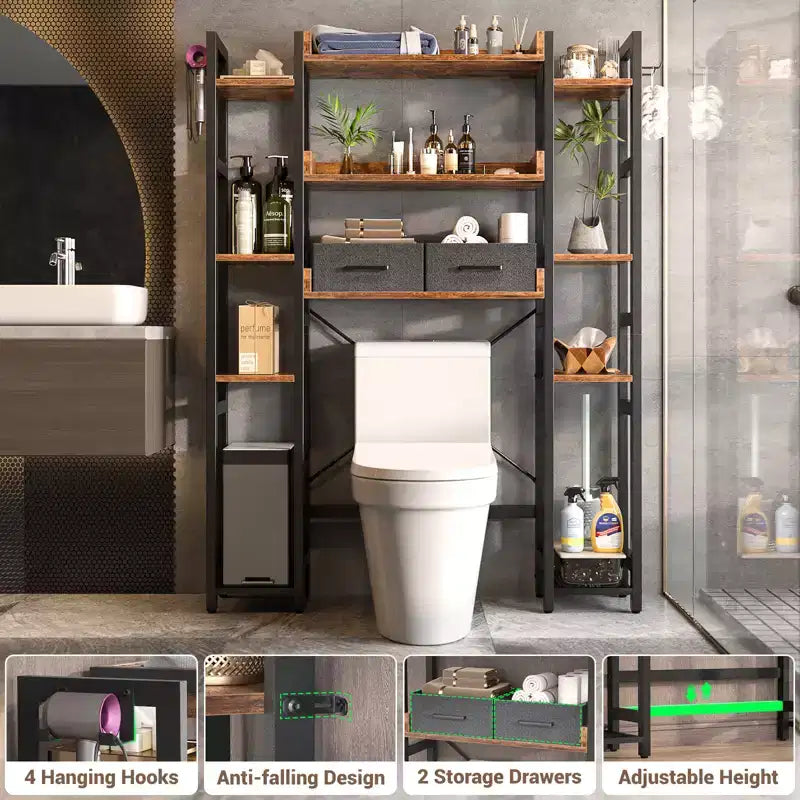 Besiost 7-11-Tier Bathroom Organizer with Adjustable Shelf, Over The Toilet Storage Rack with 4 Hooks and Drawers