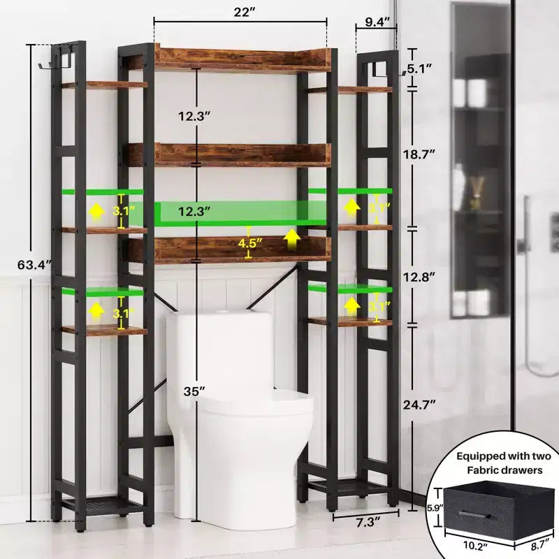 Besiost 7-11-Tier Bathroom Organizer with Adjustable Shelf, Over The Toilet Storage Rack with 4 Hooks and Drawers